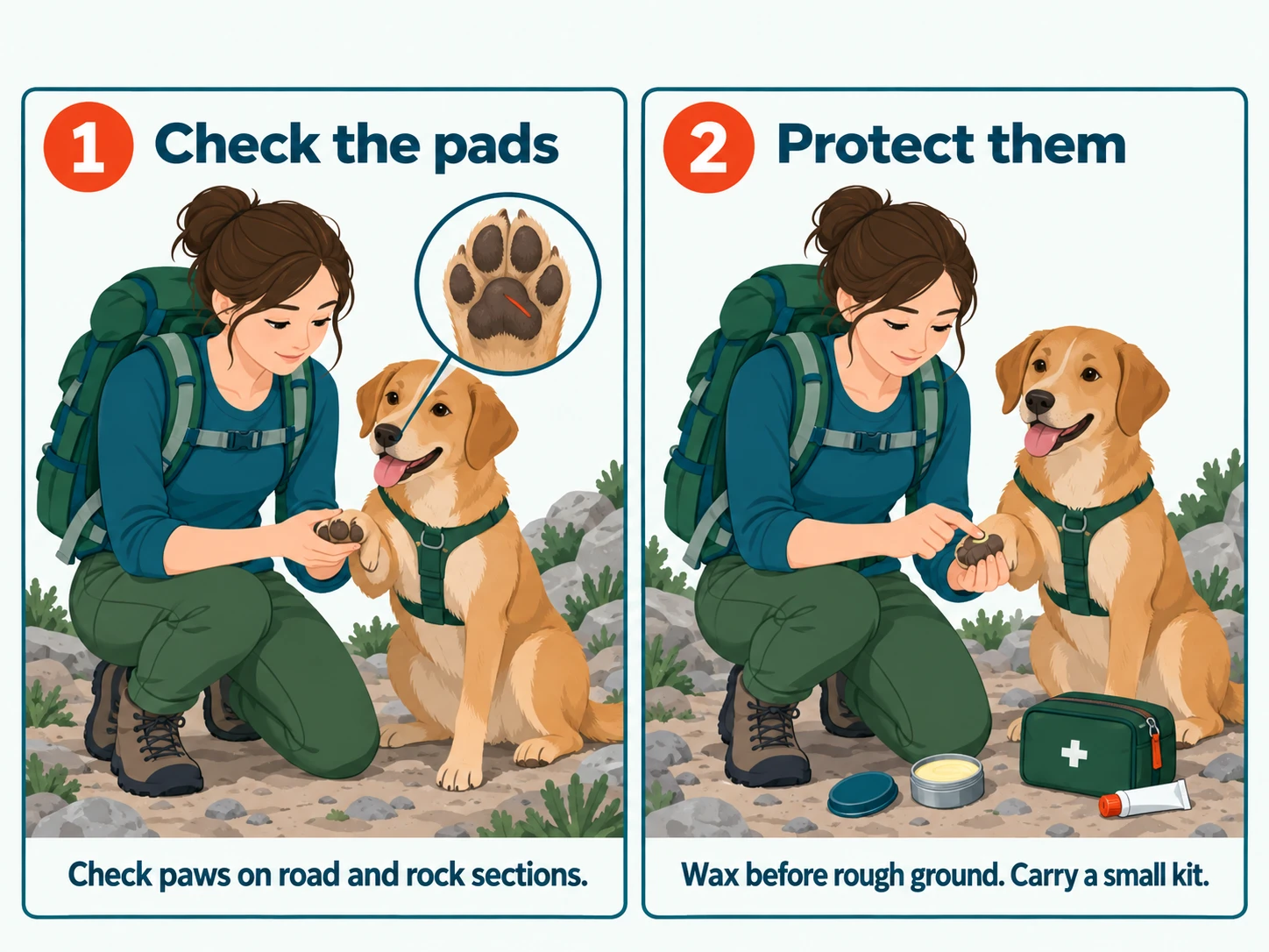 Two panels. 1, check the pads: a hiker kneels on a rocky trail holding up her dog's paw, with a close-up of a small cut on a pad. Check paws on road and rock sections. 2, protect them: she rubs paw wax on the pads, with a first-aid kit and a small tube of glue beside her. Wax before rough ground. Carry a small kit.