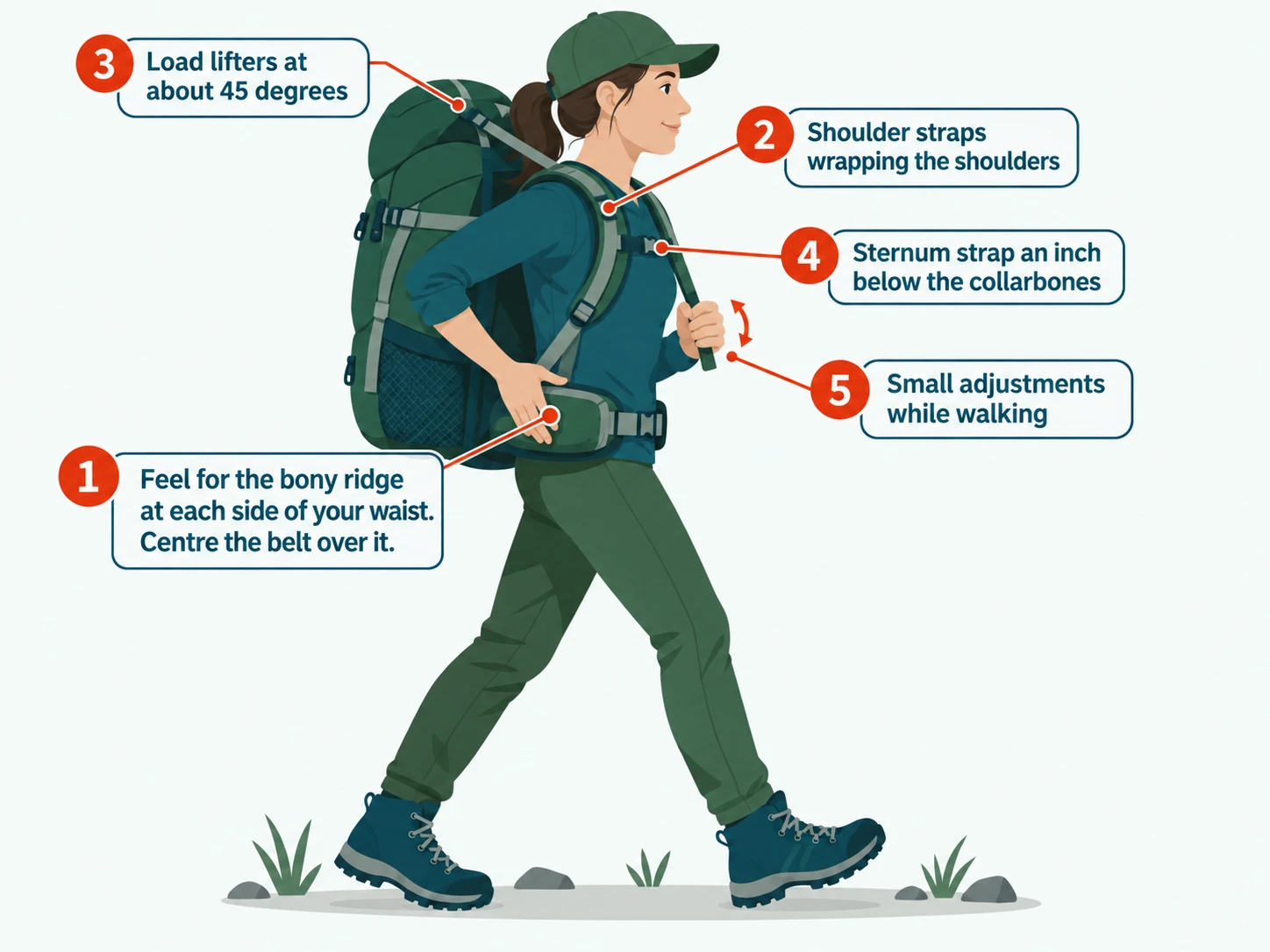 A hiker wearing a pack with the fit steps numbered: 1 hip belt centred over the bony ridge at each side of the waist, 2 shoulder straps wrapping the shoulders, 3 load lifters at about 45 degrees, 4 sternum strap an inch below the collarbones, 5 small adjustments while walking.