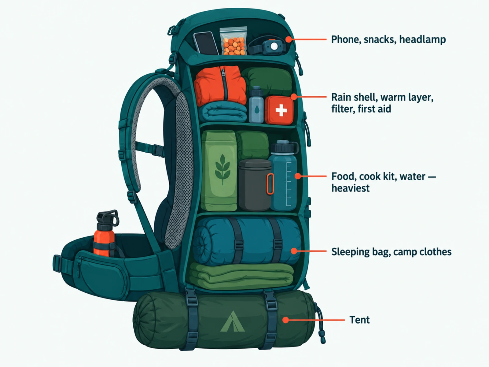 A packed backpack cut open: phone, snacks and headlamp in the lid; rain shell, warm layer, filter and first aid on top; food, cook kit and water in the middle; sleeping bag and camp clothes at the bottom; tent strapped below; bear spray in the hip-belt pocket.
